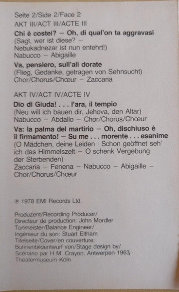 Giuseppe Verdi, Matteo Manuguerra, Renata Scotto, Nicolai Ghiaurov, Elena Obraztsova, Ambrosian Opera Chorus, The, Philharmonia Orchestra, Riccardo Muti - Nabucco - Großer Querschnitt In Italienischer Sprache (Cassette) - Discogs image 5