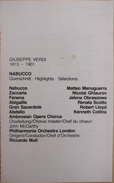 Giuseppe Verdi, Matteo Manuguerra, Renata Scotto, Nicolai Ghiaurov, Elena Obraztsova, Ambrosian Opera Chorus, The, Philharmonia Orchestra, Riccardo Muti - Nabucco - Großer Querschnitt In Italienischer Sprache (Cassette) - Discogs image 3