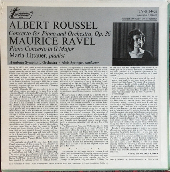Albert Roussel / Maurice Ravel, Maria Littauer, Hamburger Symphoniker ● Alois Springer - Piano Concerto, Op. 36 / Piano Concerto In G Major (LP) - Discogs image 2