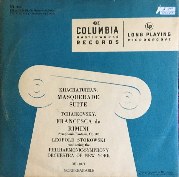 Aram Khachaturian / Pyotr Ilyich Tchaikovsky, Leopold Stokowski Conducting The Philharmonic-Symphony Orchestra Of New York - Masquerade Suite / Francesca Da Rimini, Symphonic Fantasia, Op. 32 (LP)