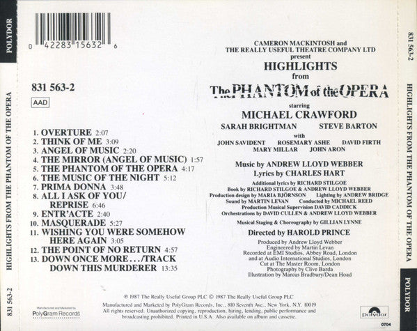 Andrew Lloyd Webber, Michael Crawford, Sarah Brightman, Steve Barton - Highlights From The Phantom Of The Opera (The Original Cast Recording) (CD) - Discogs image 2