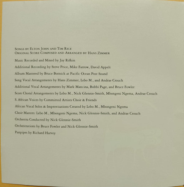 Elton John, Tim Rice, Hans Zimmer - The Lion King (Original Motion Picture Soundtrack) (CD) - Discogs image 7