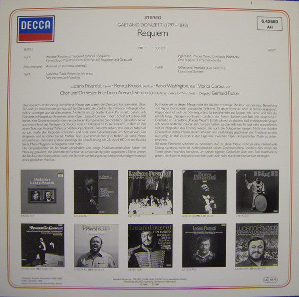 Gaetano Donizetti, Viorica Cortez, Luciano Pavarotti, Renato Bruson, Paolo Washington, Orchestra Ente Lirico Arena Di Verona, Gerhard Fackler - Requiem (LP) - Discogs image 2