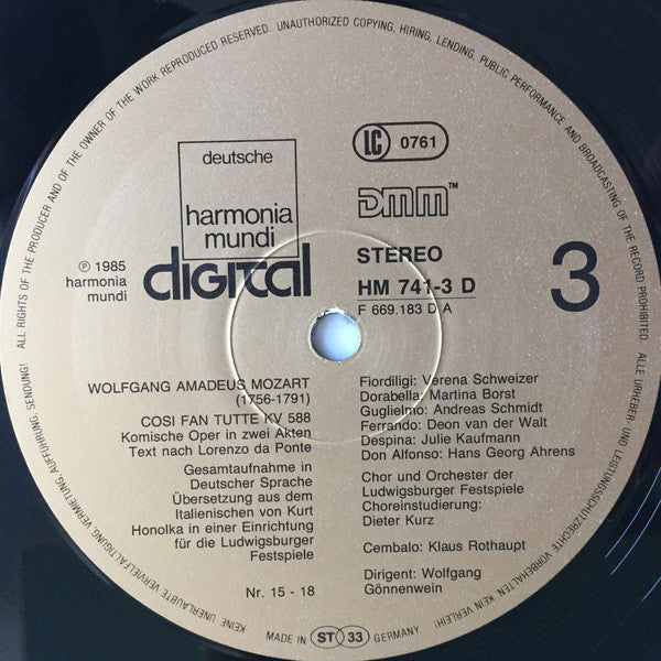 Wolfgang Amadeus Mozart, Verena Schweizer, Martina Borst, Andreas Schmidt (2), Deon van der Walt, Julie Kaufmann, Hans Georg Ahrens, Chor Der Ludwigsburger Festspiele Und Orchester Der Ludwigsburger Schlossfestspiele, Wolfgang Gönnenwein - Così Fan Tutte  - Discogs image 5