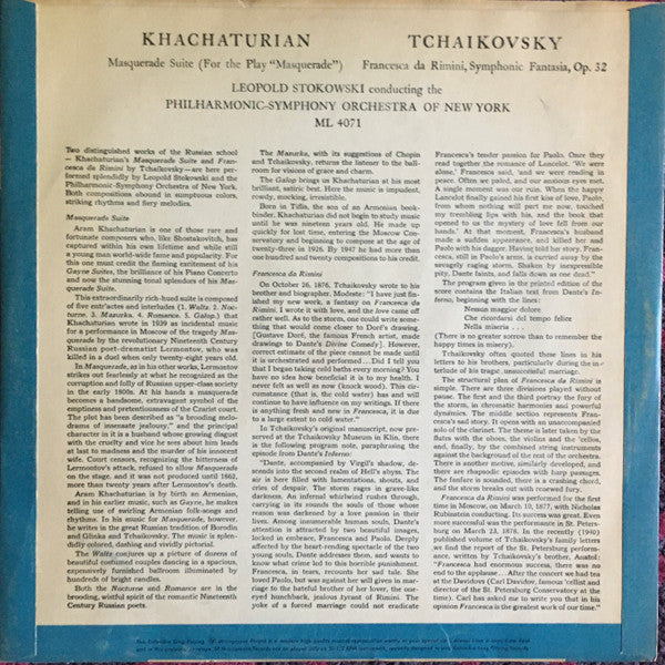 Aram Khachaturian / Pyotr Ilyich Tchaikovsky, Leopold Stokowski Conducting The Philharmonic-Symphony Orchestra Of New York - Masquerade Suite / Francesca Da Rimini, Symphonic Fantasia, Op. 32 (LP) - Discogs image 2