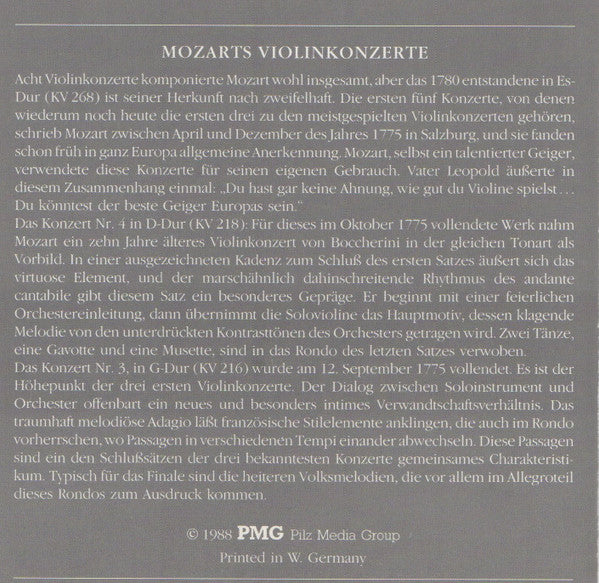 Wolfgang Amadeus Mozart - Violinkonzerte D-Dur KV 218, G-Dur KV 216 (CD) - Discogs image 6