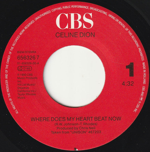 Céline Dion - Where Does My Heart Beat Now (7") - Discogs image 3