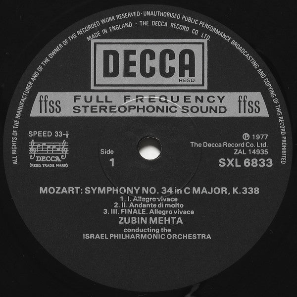 Wolfgang Amadeus Mozart, Israel Philharmonic Orchestra, Zubin Mehta - Symphonies 34 & 39 (LP) - Discogs image 3