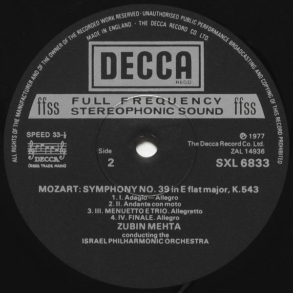 Wolfgang Amadeus Mozart, Israel Philharmonic Orchestra, Zubin Mehta - Symphonies 34 & 39 (LP) - Discogs image 4