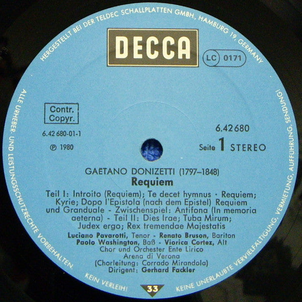 Gaetano Donizetti, Viorica Cortez, Luciano Pavarotti, Renato Bruson, Paolo Washington, Orchestra Ente Lirico Arena Di Verona, Gerhard Fackler - Requiem (LP) - Discogs image 5