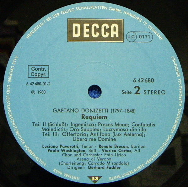 Gaetano Donizetti, Viorica Cortez, Luciano Pavarotti, Renato Bruson, Paolo Washington, Orchestra Ente Lirico Arena Di Verona, Gerhard Fackler - Requiem (LP) - Discogs image 6