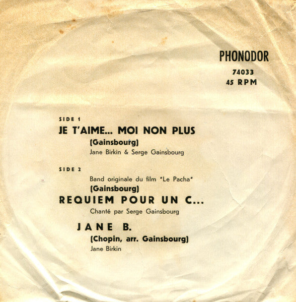Jane Birkin & Serge Gainsbourg - Je T'aime... Moi Non Plus (7") - Discogs image 2