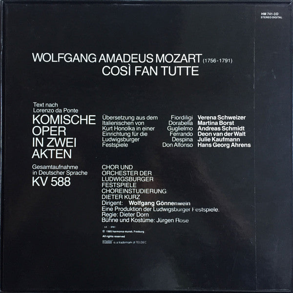 Wolfgang Amadeus Mozart, Verena Schweizer, Martina Borst, Andreas Schmidt (2), Deon van der Walt, Julie Kaufmann, Hans Georg Ahrens, Chor Der Ludwigsburger Festspiele Und Orchester Der Ludwigsburger Schlossfestspiele, Wolfgang Gönnenwein - Così Fan Tutte  - Discogs image 2