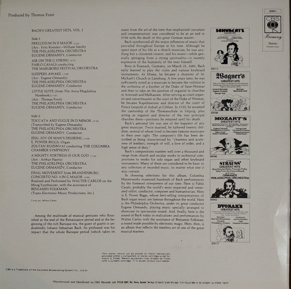 E. Power Biggs, Pablo Casals, Philadelphia Orchestra, The, Walter Carlos - Bach's Greatest Hits Vol. 1 (LP) - Discogs image 2