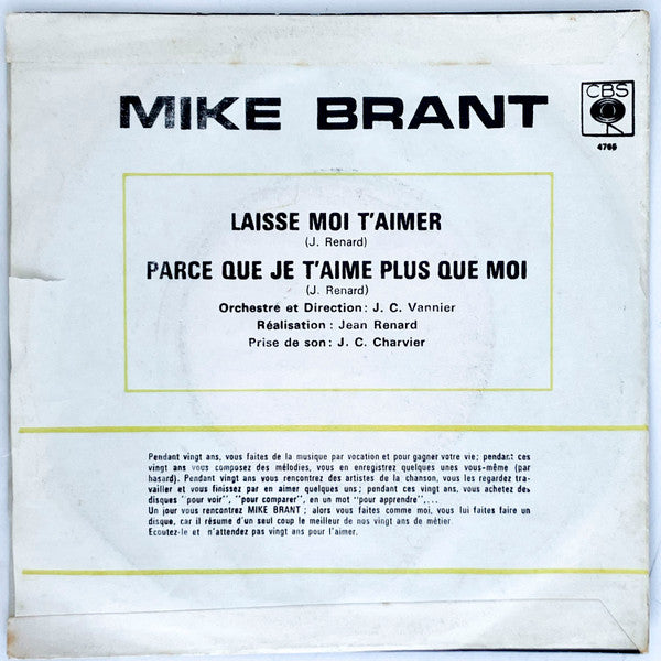 Mike Brant - Laisse Moi T'aimer / Parce Que Je T'aime Plus Que Moi (7") - Discogs image 2