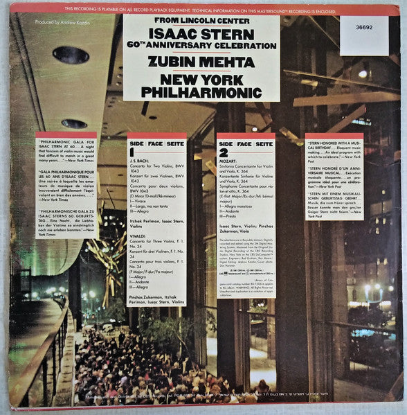 Isaac Stern, Pinchas Zukerman, Itzhak Perlman, Zubin Mehta, New York Philharmonic - 60th Anniversary Celebration From Lincoln Center (LP) - Discogs image 2