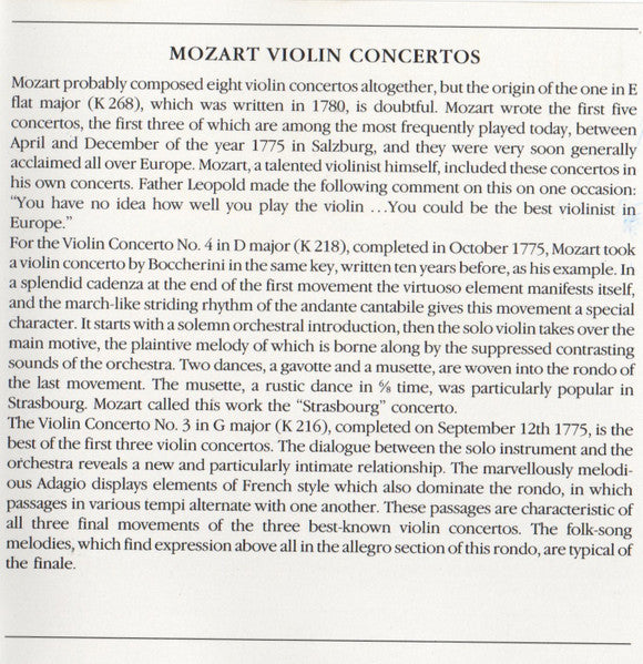Wolfgang Amadeus Mozart - Violinkonzerte D-Dur KV 218, G-Dur KV 216 (CD) - Discogs image 5