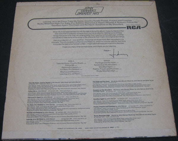 John Denver - John Denver's Greatest Hits (LP) - Discogs image 2