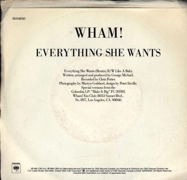 Wham! - Everything She Wants (Remix) (7") - Discogs image 2
