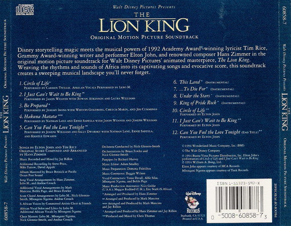 Elton John, Tim Rice, Hans Zimmer - The Lion King (Original Motion Picture Soundtrack) (CD) - Discogs image 2