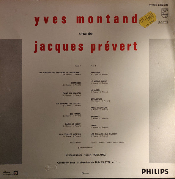Yves Montand - Montand Chante Prévert (LP) - Discogs image 2