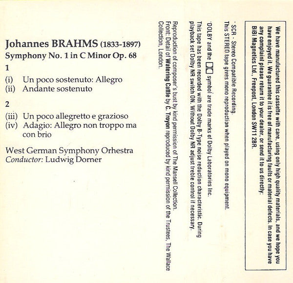 Johannes Brahms, West Germany Symphony Orchestra, Ludwig Dorner - Symphony No.1 In C Minor Op.68 (Cassette) - Discogs image 2