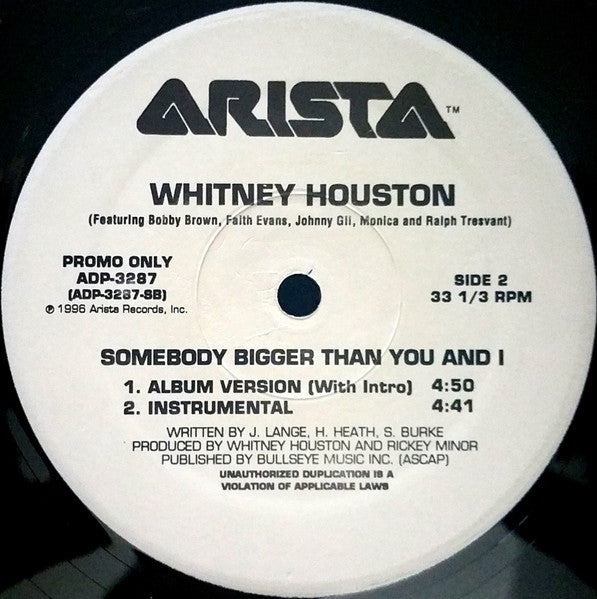 Whitney Houston Featuring Bobby Brown, Faith Evans, Johnny Gill, Monica And Ralph Tresvant - Somebody Bigger Than You And I (12") - Discogs image 4