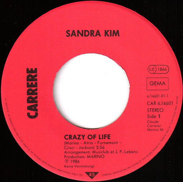 Sandra Kim - Crazy Of Life / J'Aime La Vie (7") - Discogs image 3