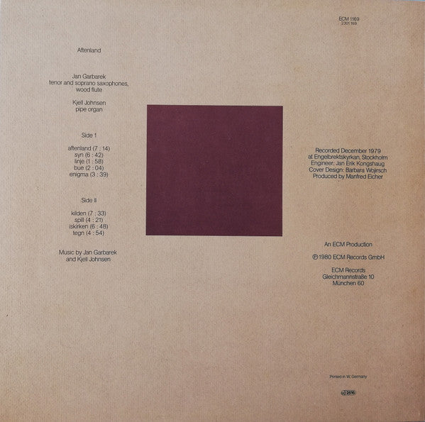 Jan Garbarek, Kjell Johnsen - Aftenland (LP) - Discogs image 2