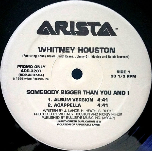 Whitney Houston Featuring Bobby Brown, Faith Evans, Johnny Gill, Monica And Ralph Tresvant - Somebody Bigger Than You And I (12") - Discogs image 3