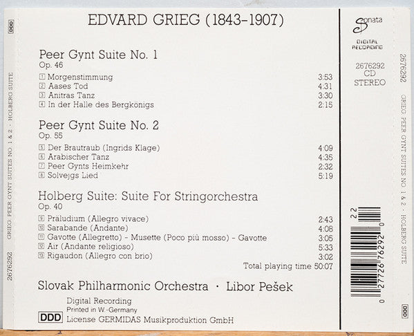 Edvard Grieg, Slovak Philharmonic Orchestra, Libor Pešek - Peer Gynt Suites 1 & 2 - Holberg Suite (CD) - Discogs image 2