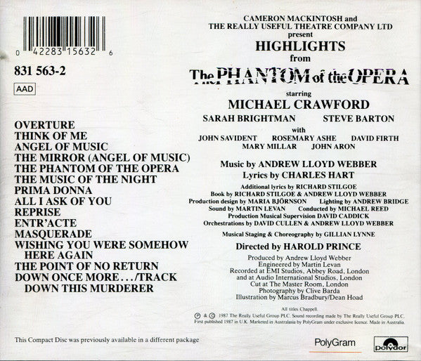 Andrew Lloyd Webber Starring Michael Crawford, Sarah Brightman, Steve Barton - Highlights From The Phantom Of The Opera (The Original London Cast) (CD) - Discogs image 2
