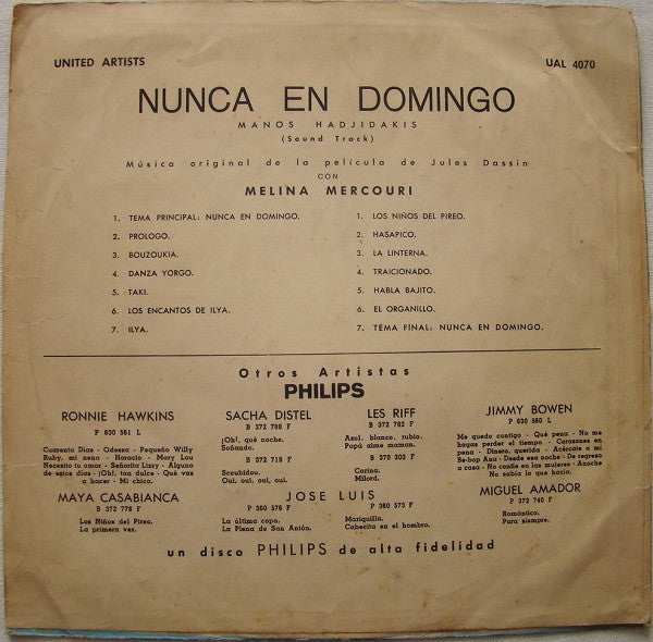 Manos Hadjidakis - Nunca En Domingo (LP) - Discogs image 2