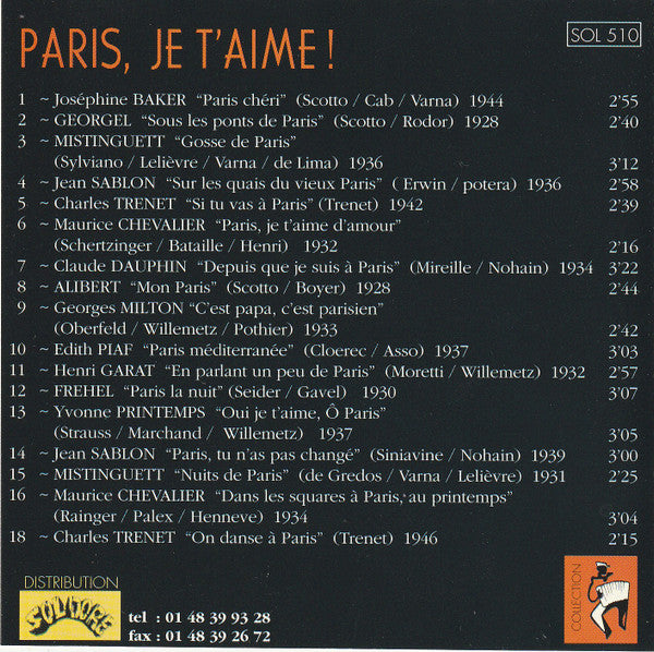 Various - Paris, Je T'Aime (CD) - Discogs image 4