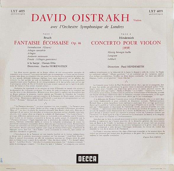 Max Bruch / Paul Hindemith, David Oistrach, London Symphony Orchestra Direction : Jascha Horenstein, Paul Hindemith - Fantaisie Ecossaise / Concerto Pour Violon (LP) - Discogs image 2
