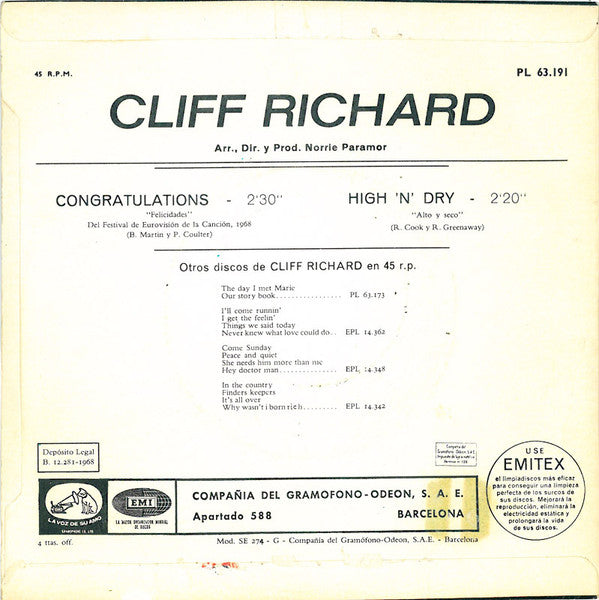 Cliff Richard - Congratulations (7") - Discogs image 2