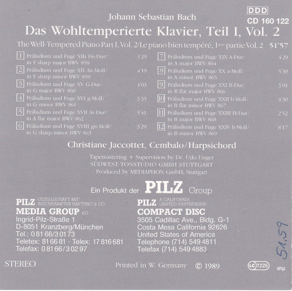 Johann Sebastian Bach, Christiane Jaccottet - Das Wohltemperierte Klavier, Teil I, Vol. 2 (CD) - Discogs image 4