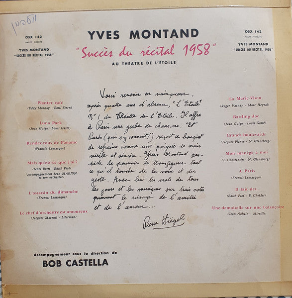 Yves Montand - Succès Du Récital 1958 (LP) - Discogs image 2